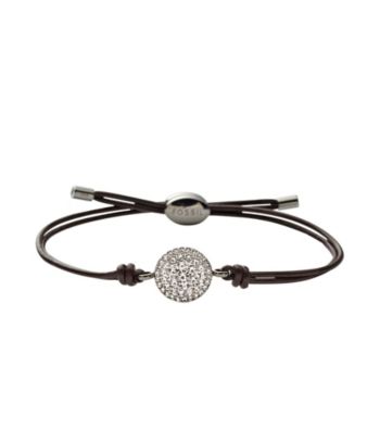 Fossil® Clear Pave Silvertone Disk on Chocolate Leather Cording Wrist Wrap