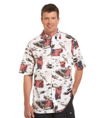 Harbor Bay® Men's Big & Tall White/Multicolored Flag and Ship Sport Shirt