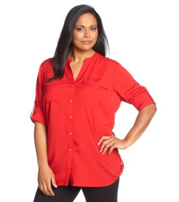 Calvin Klein Plus Size Button-Front Roll-Sleeve Top