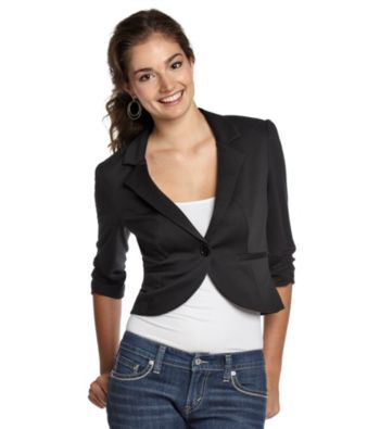 A. Byer Juniors' Knit Ruched-Sleeve Jacket
