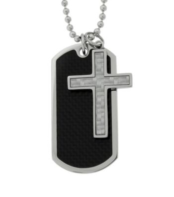 Carbon Fiber Dog Tag & Cross Necklace With Bead Chain