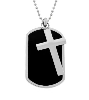 Dog Tag in Black Ion Plating with Cross in Stainless Steel on Bead Chain
