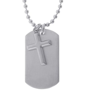 Two Piece Dog Tag Pendant in Stainless with Cross W/Bead Chain