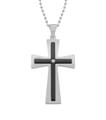 Cross Pendant with Black Ion Plating and Cubic Zirconia W/Bead Chain