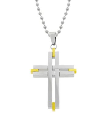 Cross Pendant with Goldtone Ion Plated Edge Detail W/Bead Chain