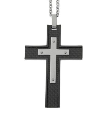 Two Layer Cross Pendant with Carbon Fiber And Stainless Detail W/Bead Chain