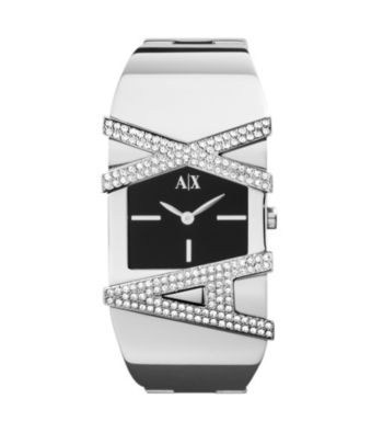 A|X Armani Exchange Silvertone Women's Bangle Watch with Glitz Logo Black Dial