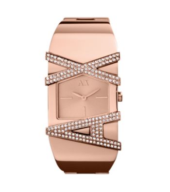 A|X Armani Exchange Rose Goldtone Women's Bangle Watch with Glitz Logo Tonal Dial