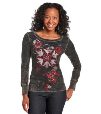 Oneworld® Petites' Mineral Wash Grey Snowflakes Top
