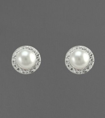 14K Yellow Gold Cultured Pearl & Crystal Button Earrings