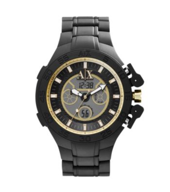 A|X Armani Exchange Men's Black Silicone Wrapped Watch with Gold Tone Details & an Anadigi Display
