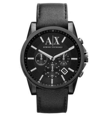 A|X Armani Exchange Men's Black Leather Watch with a Black Case & Black Dial
