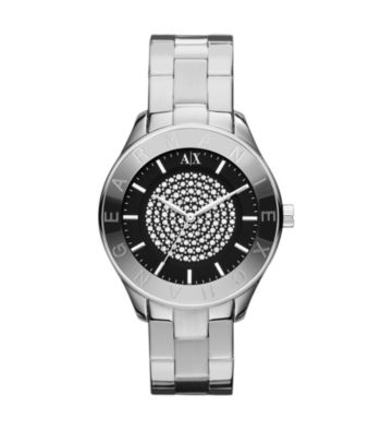 A|X Armani Exchange Women's Stainless Steel Silver Tone Watch with Black Dial & Center Hint of Glitz
