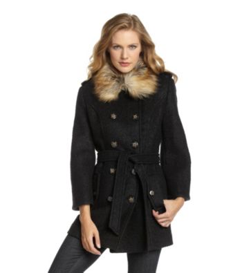 Laundry Boiled Wool Double-Breasted Walker With Faux Fur Trim