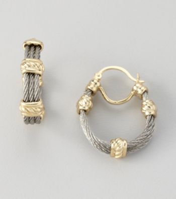 Cellini Stainless Steel/Goldtone Three Cable Text Bar Station Click Hoop Earrings