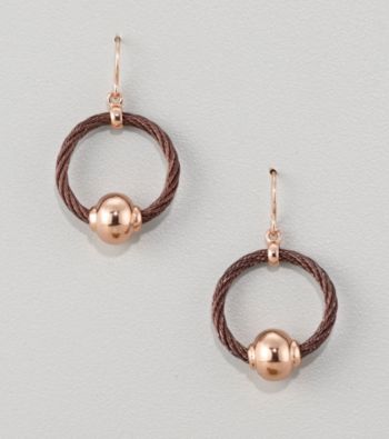 Cellini Chocolate Stainless Steel/Rose Bead Cable Hoop Drop Earrings