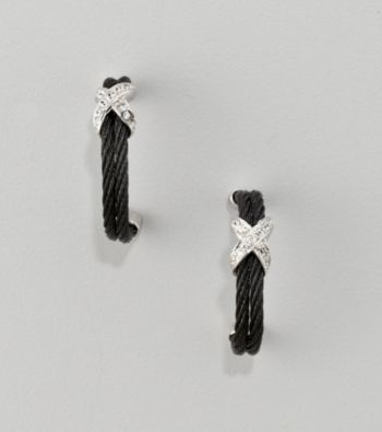 Cellini Black Stainless Steel/Silvertone Pave Post Hoop Earrings