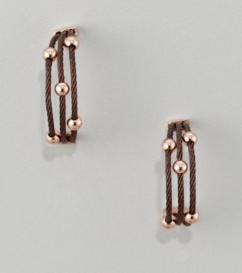 Cellini Chocolate Stainless Steel/Rose Three Row Cable Bead Station Hoop Earrings