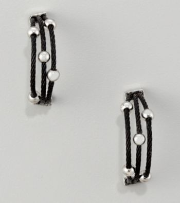Cellini Black Stainless Steel/Silvertone Three Row Cable Bead Station Hoop Earrings