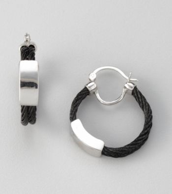 Cellini Black Stainless Steel/Silvertone ID Front Cable Hoop Earrings