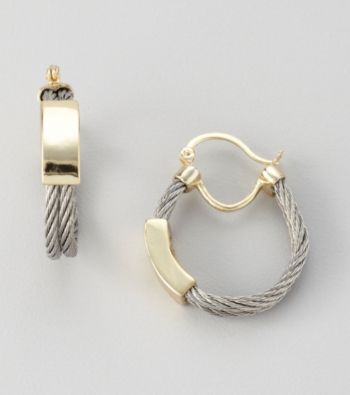 Cellini Stainless Steel/Goldtone ID Front Cable Hoop Earrings