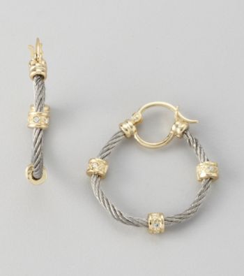 Cellini Stainless Steel/Goldtone Pave Station Cable Hoop Earrings
