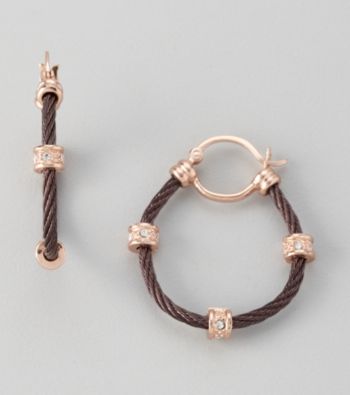 Cellini Chocolate Stainless Steel/Rose Goldtone Pave Station Cable Hoop Earrings