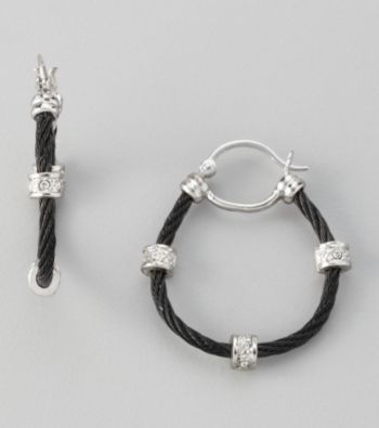 Cellini Black Stainless Steel /Silvertone Pave Station Cable Hoop Earrings