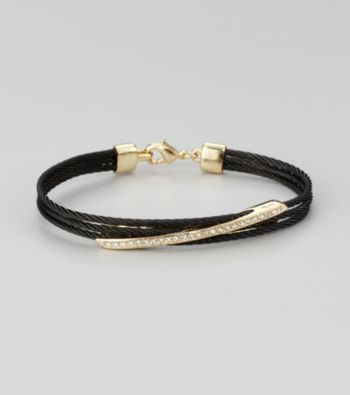 Cellini Stainless Steel Black/Gold Pave Diagonal Cable Lobster Clasp Bracelet