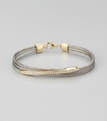 Cellini Stainless Steel Silver/Gold Pave Diagonal Cable Bracelet