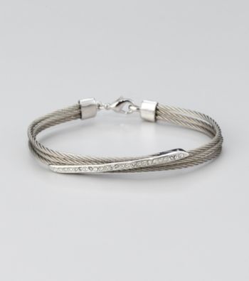 Cellini Stainless Steel Silver/Silver Pave Diagonal Cable Bracelet