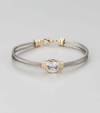 Cellini Stainless Steel Silver/Gold Square Cushion Cut Stone Cable Bracelet