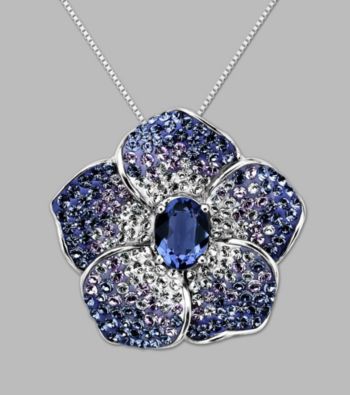 Blue Crystal Flower Pendant in Sterling Silver