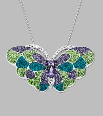 Blue, Green & Purple Crystal Butterfly Pendant in Sterling Silver