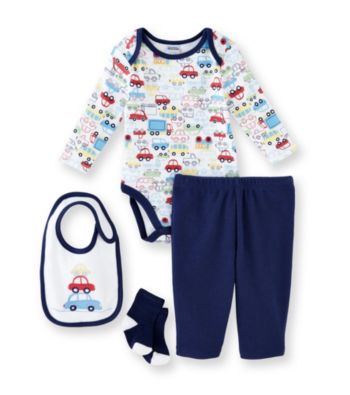 Cuddle Bear® Baby Boys' Navy 4-pc. Long Sleeve Car Print Take-Me-Home Set