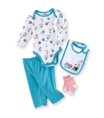 Cuddle Bear® Baby Girls' Blue Multi 4-pc. Long Sleeve Flower Print Take-Me-Home Set