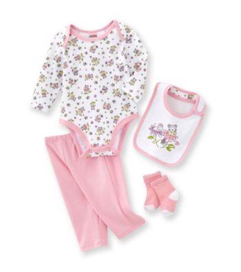 Cuddle Bear® Baby Girls' Pink 4-pc. Long Sleeve Mouse and Flower Print Take-Me-Home Set