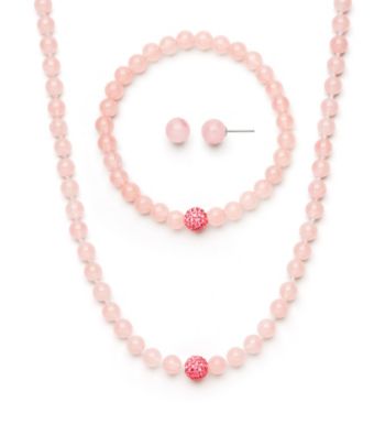 .925 Sterling Silver & Rose Quartz Necklace, Earring & Bracelet Set