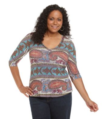 Oneworld® Plus Size Velvet-Trimmed V-Neck Top