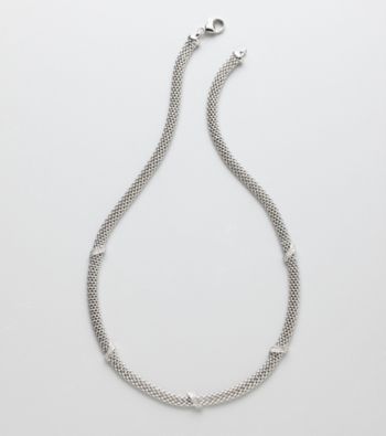 Sterling Silver Mesh Link Necklace with Diamond Accent