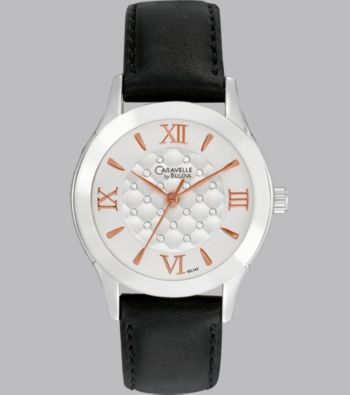 Caravelle® by Bulova Women's Black Leather Strap Watch with Crystal and Silver-White Dial