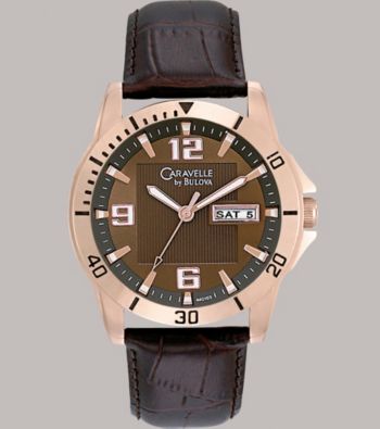 Caravelle® by Bulova Men's Rose Gold Finish with Brown Leather Strap and Brown Dial Watch
