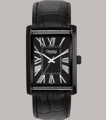 Caravelle® by Bulova Men's Black Ion-Plated Finish with Black Leather Strap and Black Dial Watch
