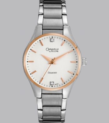 Caravelle® by Bulova Women's Two Tone Silver and Rose Gold Finish Bracelet Watch with Diamond Dial