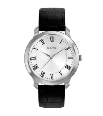 Bulova® Men's Black Leather Strap Watch with Silver White Dial