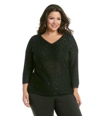 Anne Klein® Plus Size Sequined V-Neck Sweater