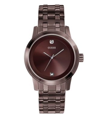 Guess Brown Ion-Plated Steel Case Round Diamond Dress Watch