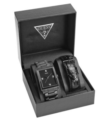 Guess Black Ion-Plated Clean Masculine Dress Diamond Sport Set - One of Each, Interchangeable Bracelet and Strap