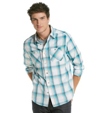 Mambo® Men's White & Peacock Blue Long Sleeve Plaid Shirt