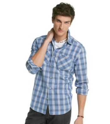 Mambo® Men's Blue Chambray Plaid Long Sleeve Button Down Shirt